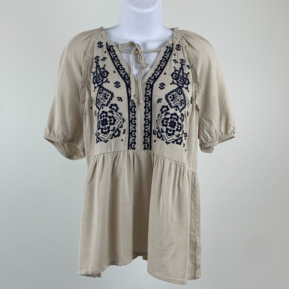 Maurices Blouse sz S Top Beige Navy Embroidered Boho Flowy New NWT
